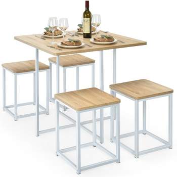 Costway 5pcs Dining Set Compact Dining Table and 4 Stools Metal Frame Nature\Vintage