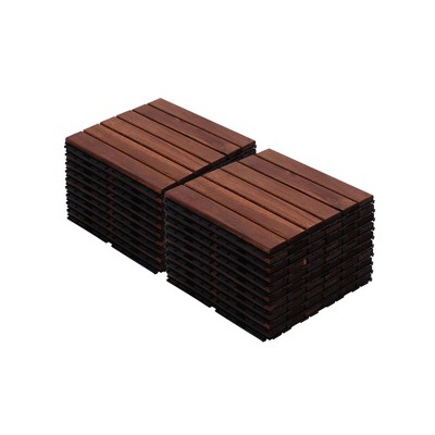 Acacia Wood Interlocking Deck Tiles Striped Pattern, 20 PCS 12" x 12" Square Acacia Hardwood Outdoor Flooring for Patio, Bancony, Pool Side