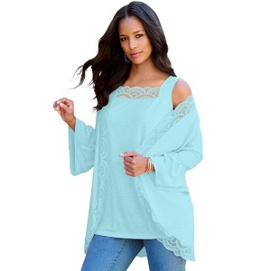 Roaman's Women's Plus Size Lace-Detailed Cardigan And Tank Set - 1 of 3