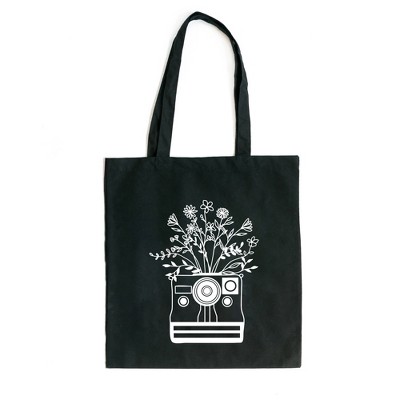 City Creek Prints Camera And Wildflowers Canvas Tote Bag - 15x16 - Black