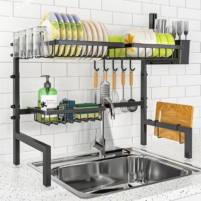 LunaLulinlk Over The Sink Dish Drying Rack,25.9"-33.4" Large Stainless Steel Dish Drying Rack Drainer, Expandable Height , 2 Tier