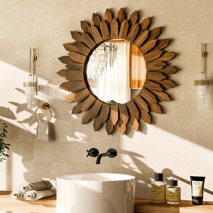 BEAUTYPEAK 20" Round Sunflower Wall Mirror, Boho Decorative Wood Frame, Vanity or Bathroom Wall Mirror for Living Room, Entryway, Bedroom - 1 of 4