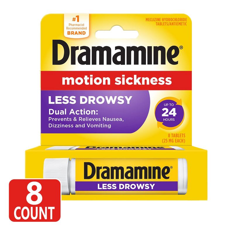 Dramamine All Day Less Drowsy Motion Sickness Relief Tablets for Nausea, Dizziness &#38; Vomiting - 8ct, 1 of 8