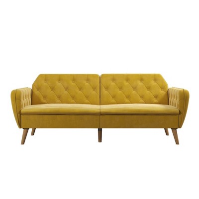 Mustard Faux Leather Tufted Twin Sleeper Sofa with Memory Foam