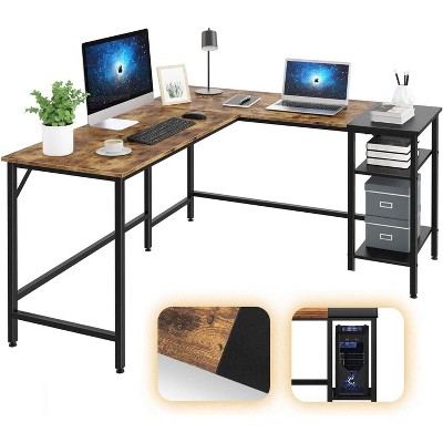 Aoxun L-Shaped Computer Desk, 59" Corner Office Desk with Metal Frame, Large Home Workstation with CPU Stand, Rustic Brown