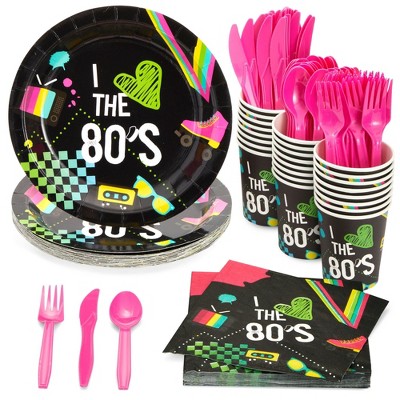 Blue Panda Serves 24 80s Birthday Party Decorations, Includes Plates, Napkins, Cups, and Cutlery, Back to the 80s Party Supplies (144 Pieces Total)
