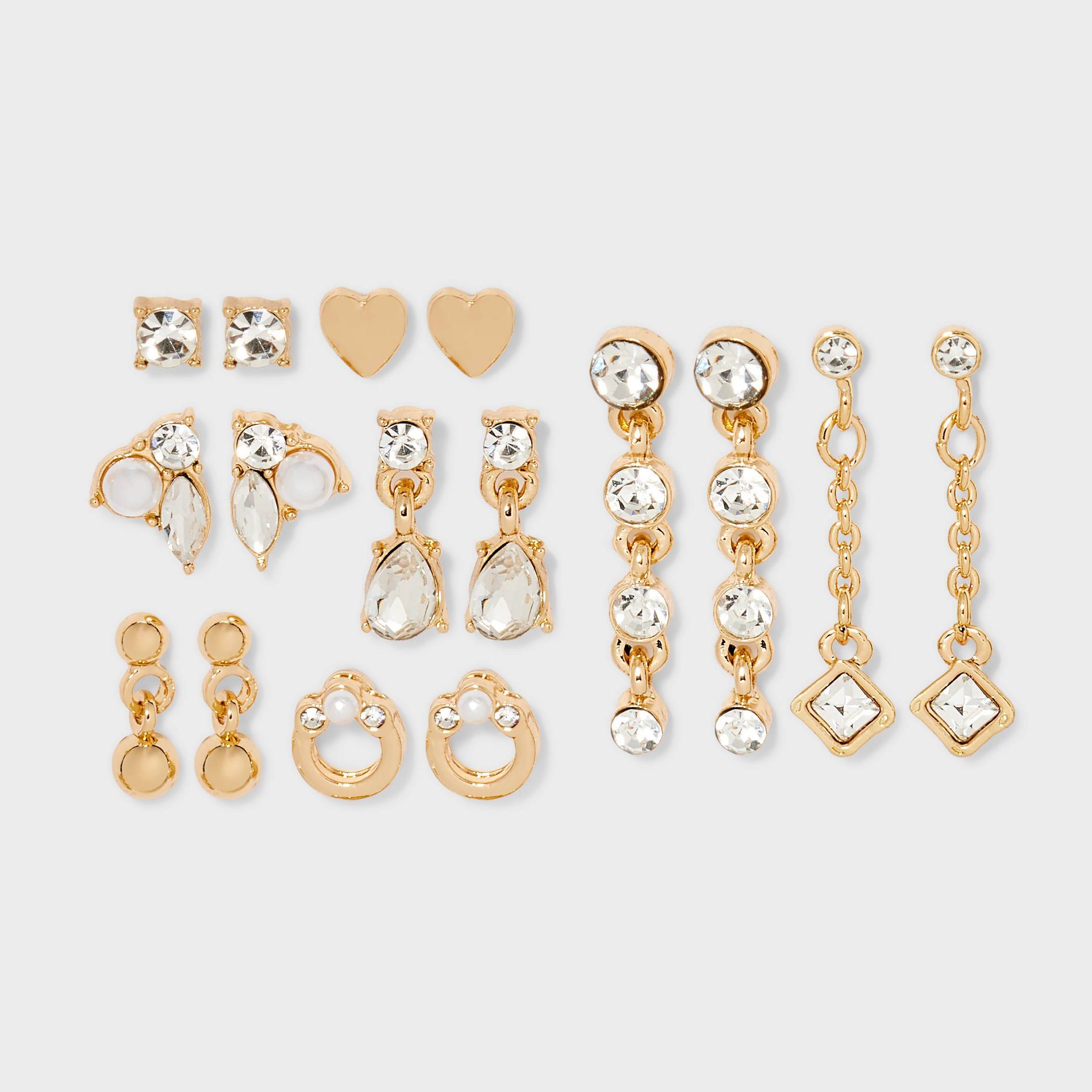 Post Earring with Glass Crystal Set 8pc - A New Day™ Gold: Hypoallergenic Studs, Nickel-Free Metal, Recycled Zinc