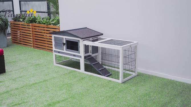 PawHut 2 Levels Wooden Rabbit Hutch Bunny Hutch House Guinea Pig Cage with Run Space, Removable Tray, Ramp and Waterproof Roof for Outdoor, 2 of 11, play video