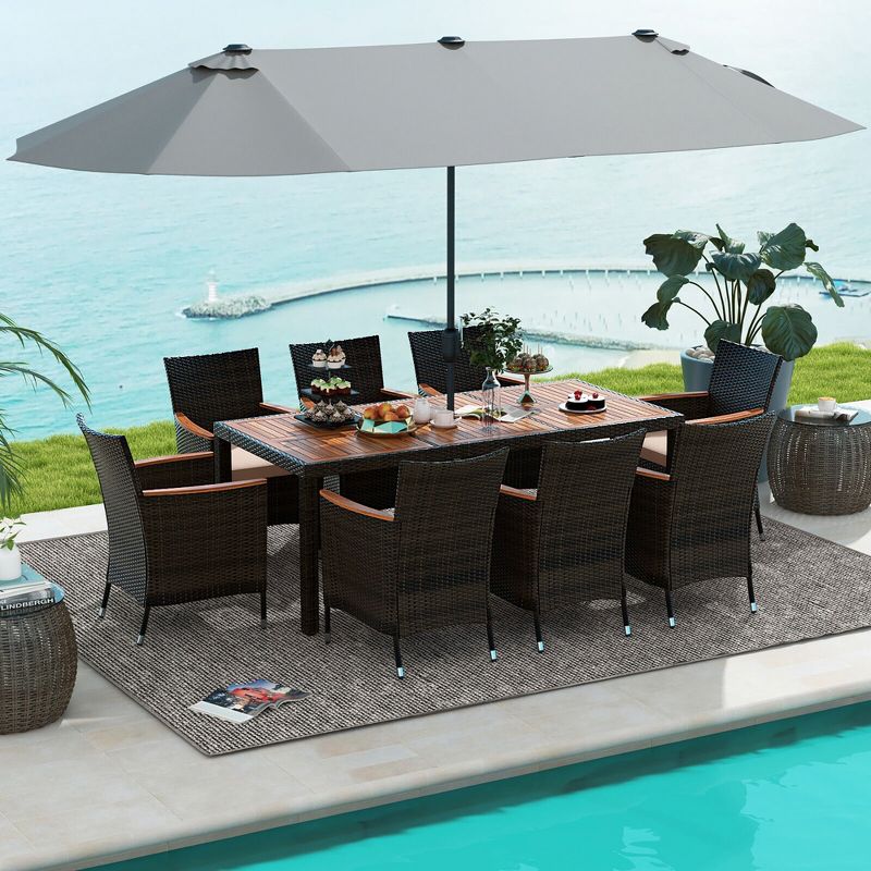 Tangkula 9 Piece Patio Wicker Dining Set w/ Double-Sided Patio Grey Umbrella Stackable Chairs, 2 of 10