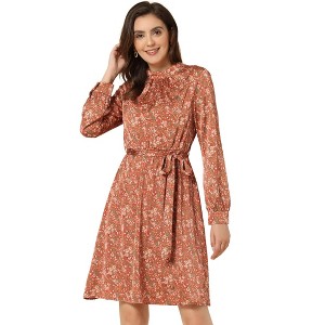 Allegra K Women's Mock Neck Swing Midi Long Sleeve A-line Floral Dress - 1 of 4