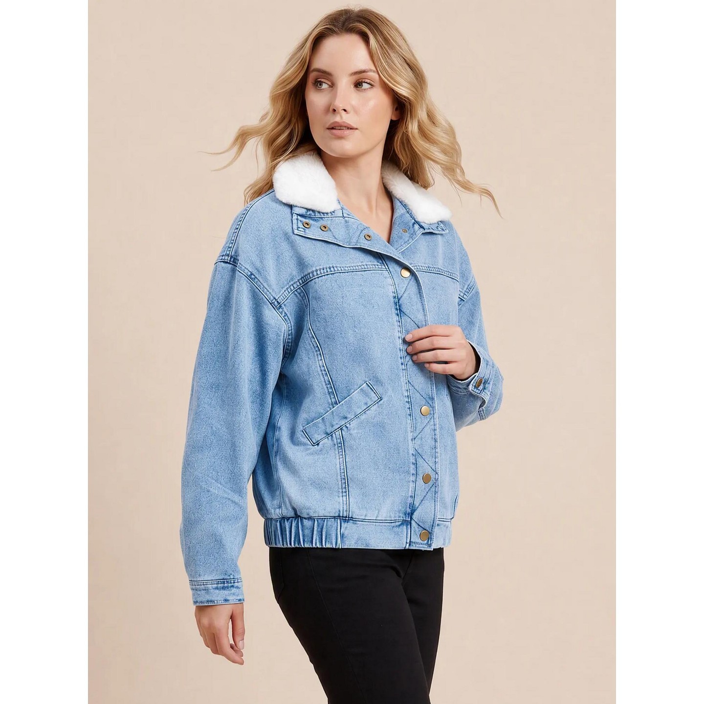 Женская куртка INSPIRE CHIC Fleece Collar Side Pocket Long Sleeve Button Down Outerwear Denim Jacket Large Snowflake Blue, цвет: Джинсовый — фото 4