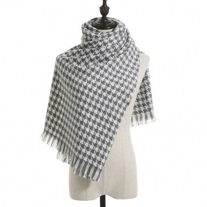 Anna-Kaci Women's Houndstooth Scarf with Soft Cozy Fabric Classic Black and White Check and Fringe Trim - 1 of 4