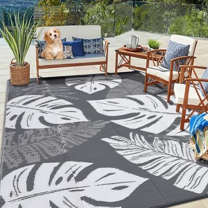 Waterproof Outdoor Rug | Tropics Palm Leaf Reversible Plastic Straw Mat | UV-Resistant Modern Patio Rug for Camping, Porch, Deck, Balcony & Beach - 1 of 4