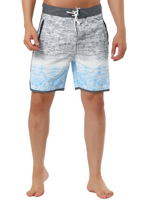 TATT 21 Men's Summer Drawstring Contrast Color Printed Beach Boardshorts Gray Blue 28