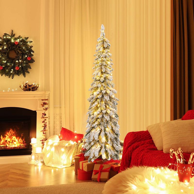 Costway 4 FT/5FT/6FT Pre-Lit Slim Christmas Tree Flocked Xmas Decoration 11 Modes 100 LED Lights, 3 of 13