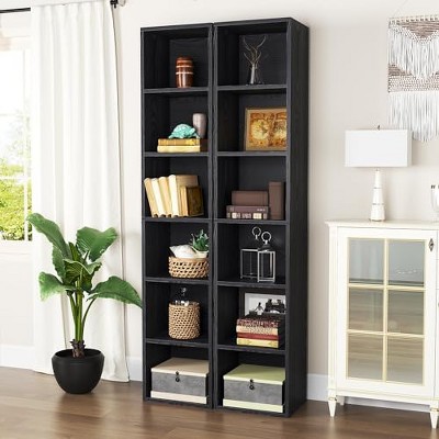 AOXUN 2 Pieces Tall Narrow Bookshelf, 6-Tier Cube Display Rack, Modern Corner Bookshelf, Storage Cabinet for Home, Office, Black