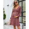 Maternity Women Long Sleeve Smocked V Neck Dress Fall Casual Boho Mini Dress for Baby Shower Photoshoot - 2 of 4