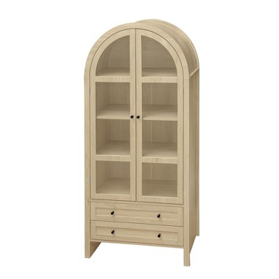 Dolonm Natural Wood 31.1 in. Tall Arched Pantry Cabinet, Storage Cabinet with Adjustable Shelves & Acrylic Doors