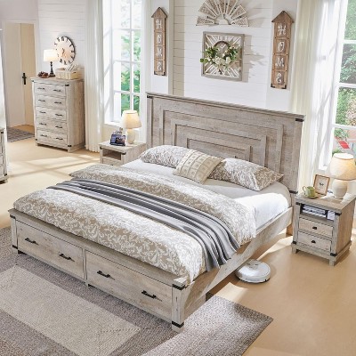 SinCiDo Queen Size Farmhouse Bed Frame, 54" Tall Geometric Headboard & 2 Storage Drawers ,Solid Wood Platform w/Reinforced Slats