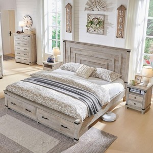 SinCiDo Queen Size Farmhouse Bed Frame, 54" Tall Geometric Headboard & 2 Storage Drawers ,Solid Wood Platform w/Reinforced Slats - 1 of 4