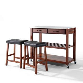 Stainless Steel Top Kitchen Prep Cart with 2 Upholstered Saddle Stools Cherry - Crosley