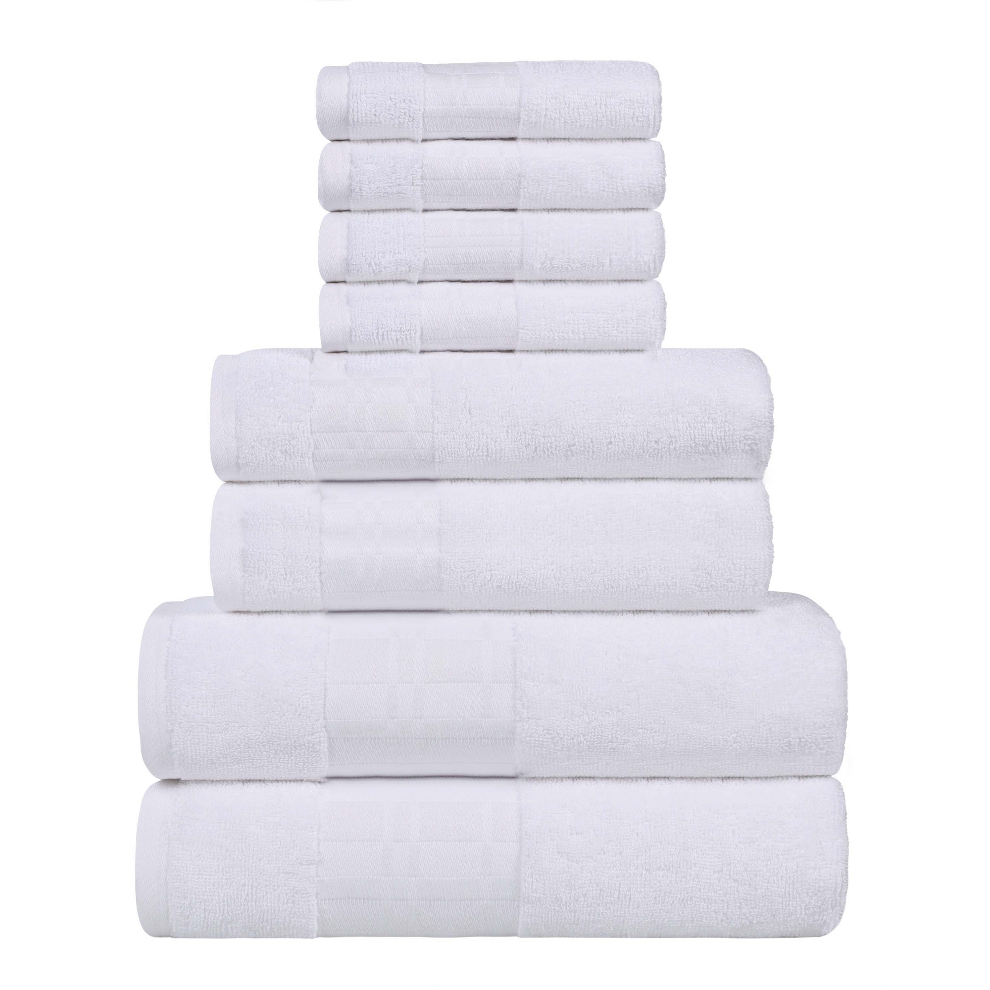 100% Cotton Medium Weight Geometric Border 8 Piece Assorted Bathroom Towel Set, White-White - Blue Nile Mills