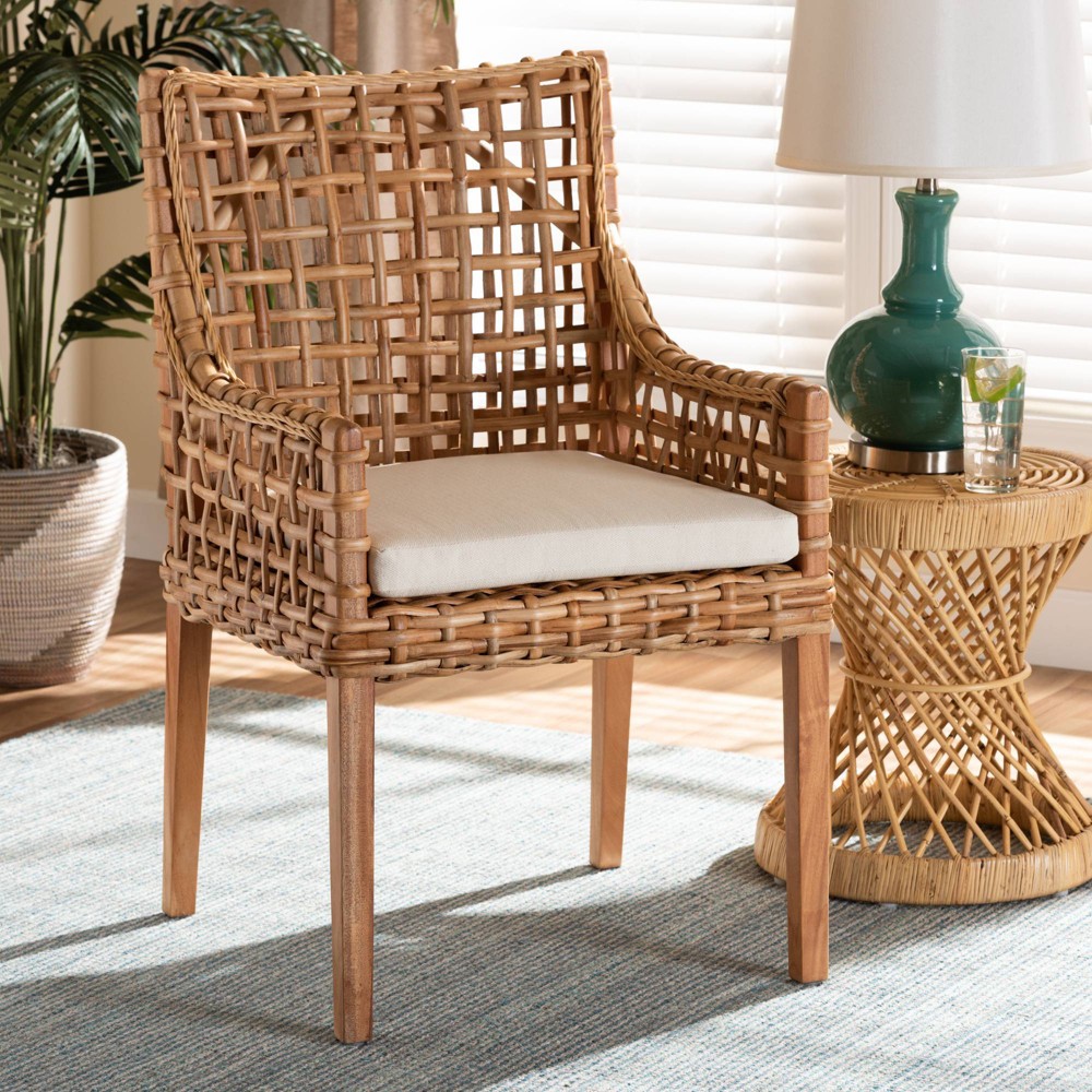 Photos - Dining Table bali & pari Saoka Wood and Rattan Armchair Natural Brown/White: Polyester Upholstered, No Assembly Required