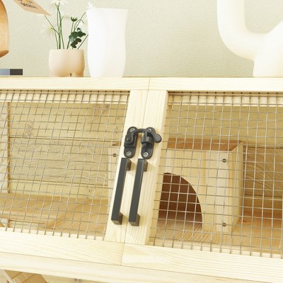 Natural Wood and Metal Hamster Cage with Wheels and Storage Shelf
