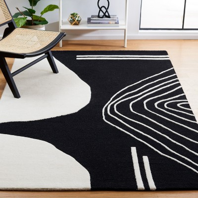 Ivory and Black Hand-Tufted Wool Abstract Area Rug