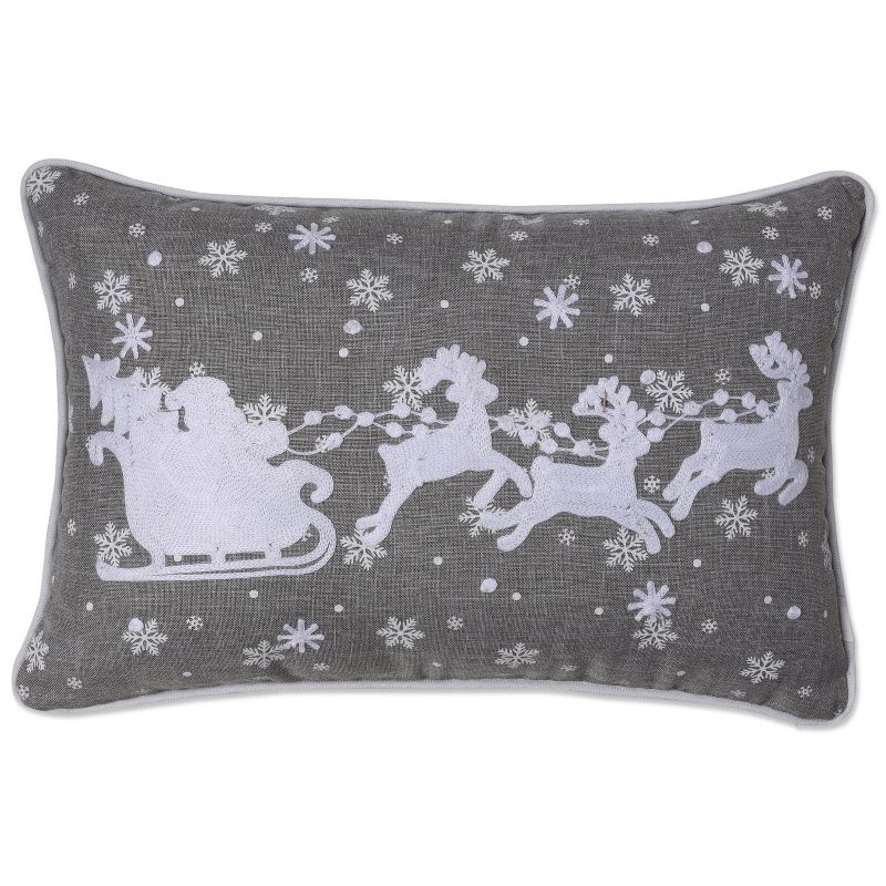 Indoor Christmas &#39;Santa Sleigh &#38; Reindeers&#39; Gray Rectangular Throw Pillow Cover  - Pillow Perfect, 1 of 8