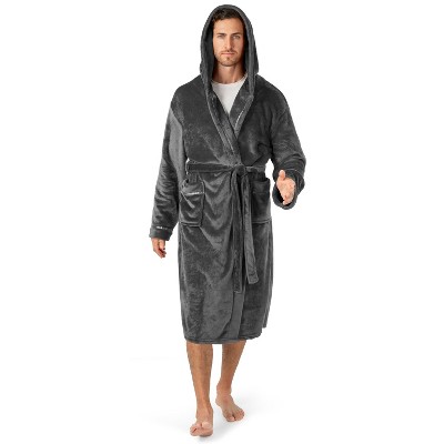 PAVILIA Mens Robe, Hooded Soft Bathrobe for Men, Fleece Plush Warm Shawl Collar Hood Pockets for Bath Shower Spa