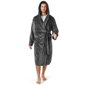 PAVILIA Mens Robe, Hooded Soft Bathrobe for Men, Fleece Plush Warm Shawl Collar Hood Pockets for Bath Shower Spa - 1 of 4