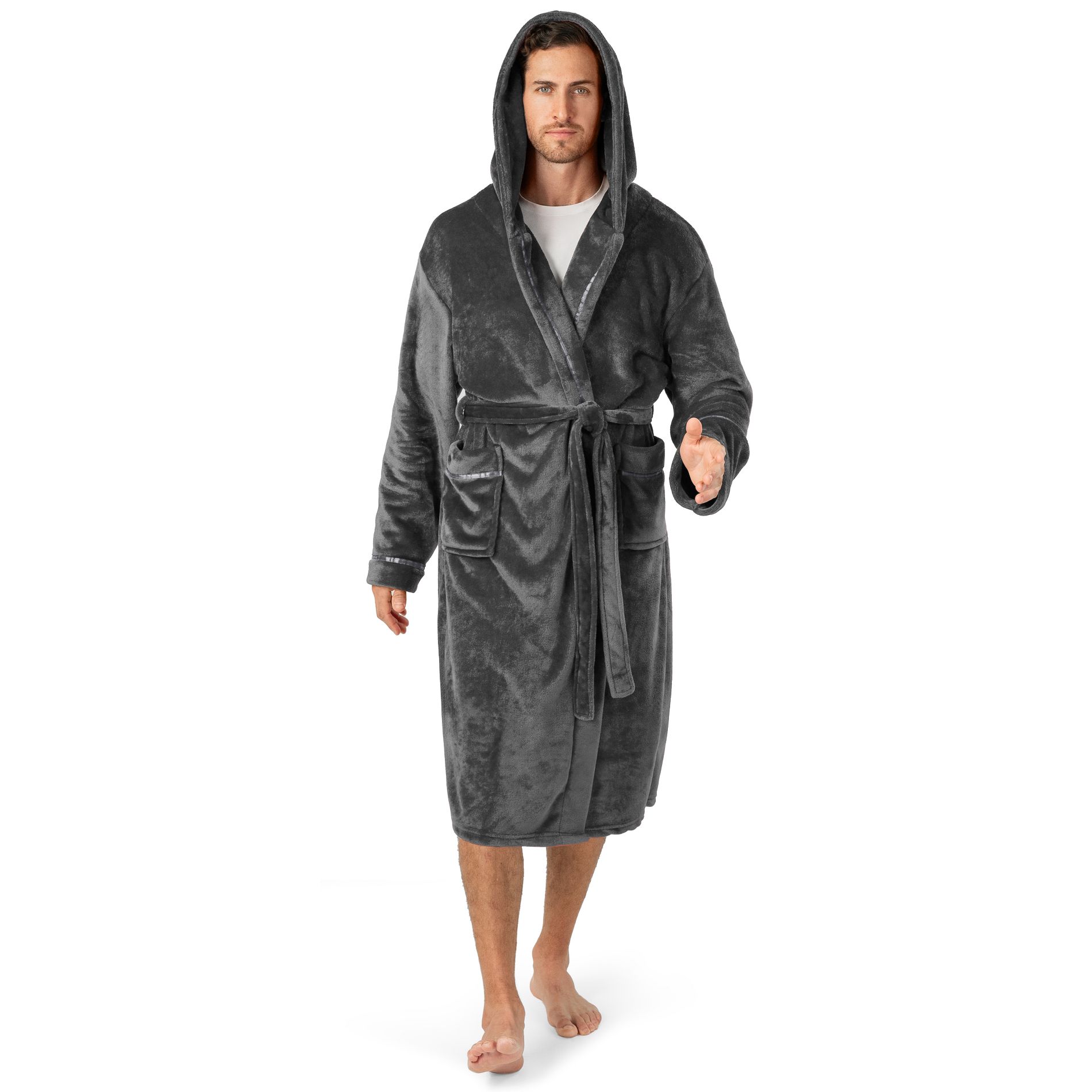 PAVILIA Mens Robe, Hooded Soft Bathrobe for Men, Fleece Plush Warm Shawl Collar Hood Pockets for Bath Shower Spa (Gray With Hood, One Size)