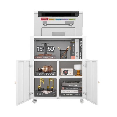 QingMoon Metal Double-Door Printer Cabinet Mobile Lateral File Cabinet with Open Storage Shelf for Office, Home (White)