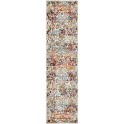Ivory Floral Synthetic Runner Rug with Easy Care and Stain-resistant Features
