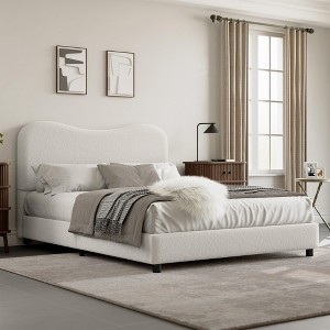Queen Bed Frame for Kids – White Velvet Upholstered Platform with Headboard, No Box Spring Needed - 1 of 4