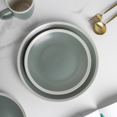 Green and Cream Ceramic 16-Piece Dinnerware Set with Edge Embellishment