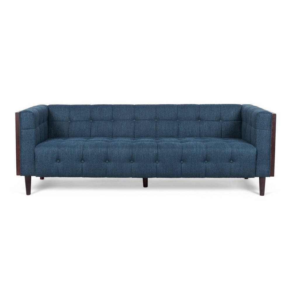 Photos - Sofa Mclarnan Contemporary Tufted 3 Seater  Navy Blue/Brown - Christopher Knight Home: Mid-Century Charm, Rubberwood Legs