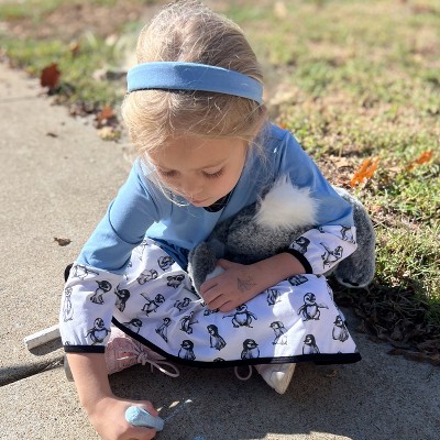 The Pink Picket Fence Penny Penguin Outfit Set for Girls – Twirl Dress, Cotton Leggings, Scrunchie & Headband with Blue and Penguin Print