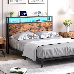Headboard with LED Lights, Charging Ports & Storage - Brown Industrial Wood and Metal Design, Easy Assembly - 1 of 4