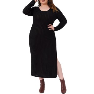 Agnes Orinda Women's Plus Size Ribbed Side Slit Crew Neck Long Sleeve Casual Slim Fit Bodycon Dresses - 1 of 4