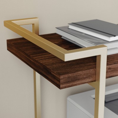 Walnut and Brass 2-Tier Mobile Office Printer Cart with Side Storage