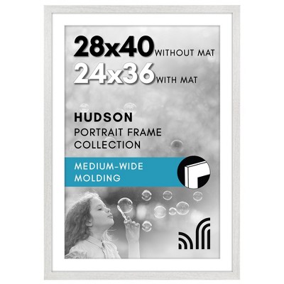 Americanflat 28x40 Picture Frame with Polished Plexiglass - Use as 24x36 Frame with Mat or 28x40 Frame Without Mat - Hudson Collection - White