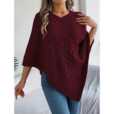 Coolmee Women's Versatile Knitted Cape Shawl Wrap Cardigan for Women Elegant Wrap V Neck Cable Knit Hollow Out Pullover Sweater Jumper Top S Red