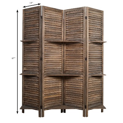 Rustic Brown Paulownia Wood 4-Panel Folding Screen with Shelves