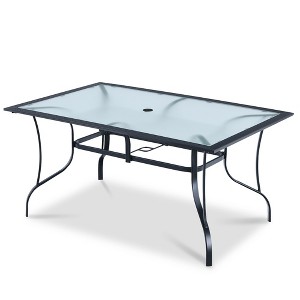 Costway 60''x 38'' Patio Dining Table Glass Top Rectangular Deck W/Umbrella Hole - 1 of 4