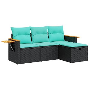 vidaXL 4-Piece Patio Sofa Set - Black Poly Rattan, Blue Cushions, for Outdoor Garden/Patio/Terrace - Weather-Resistant with Storage - 1 of 4