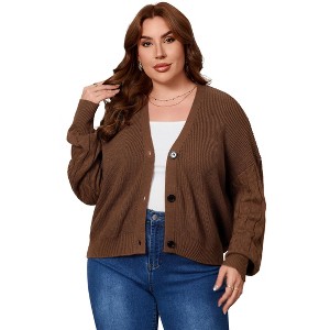 Plus Size Knit Cardigan v Neck Long Sleeve Cardigans Sweaters for Women Button Down Oversized Casual Sweater Coat - 1 of 4