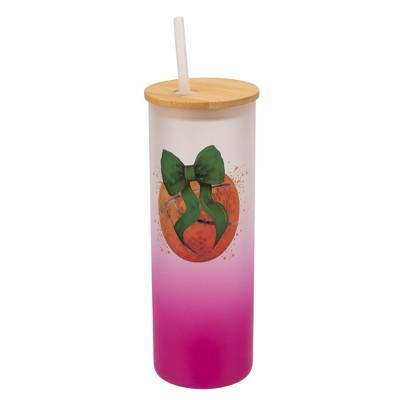 Elanze Designs 25 Ounce Frosted Glass Gradient Travel Tumbler With Straw and Wooden Lid, Basketball With Green Bows Pink