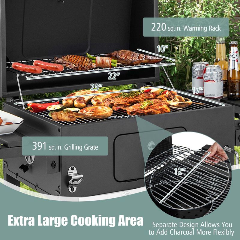 Costway Outdoor Charcoal Grill 391 sq.in. Cooking Area 2 Foldable Side Table BBQ Camping, 5 of 11